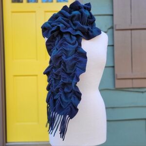 Talbots 100% Cashmere Ruched Scarf Navy Blue Deep Green Fringe NWT